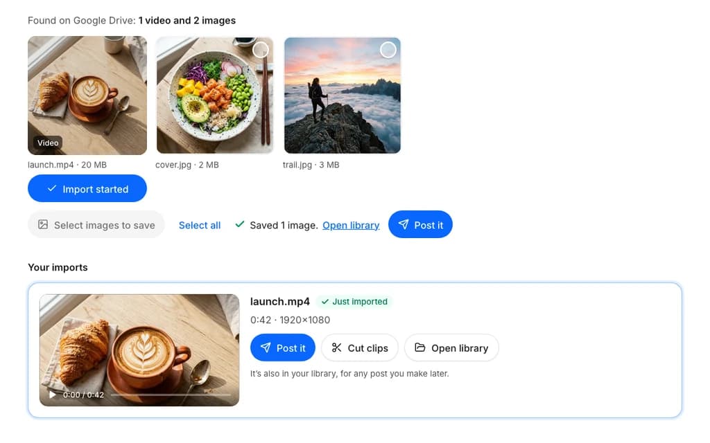 PostQuickAI import screen showing the videos and images found at a link