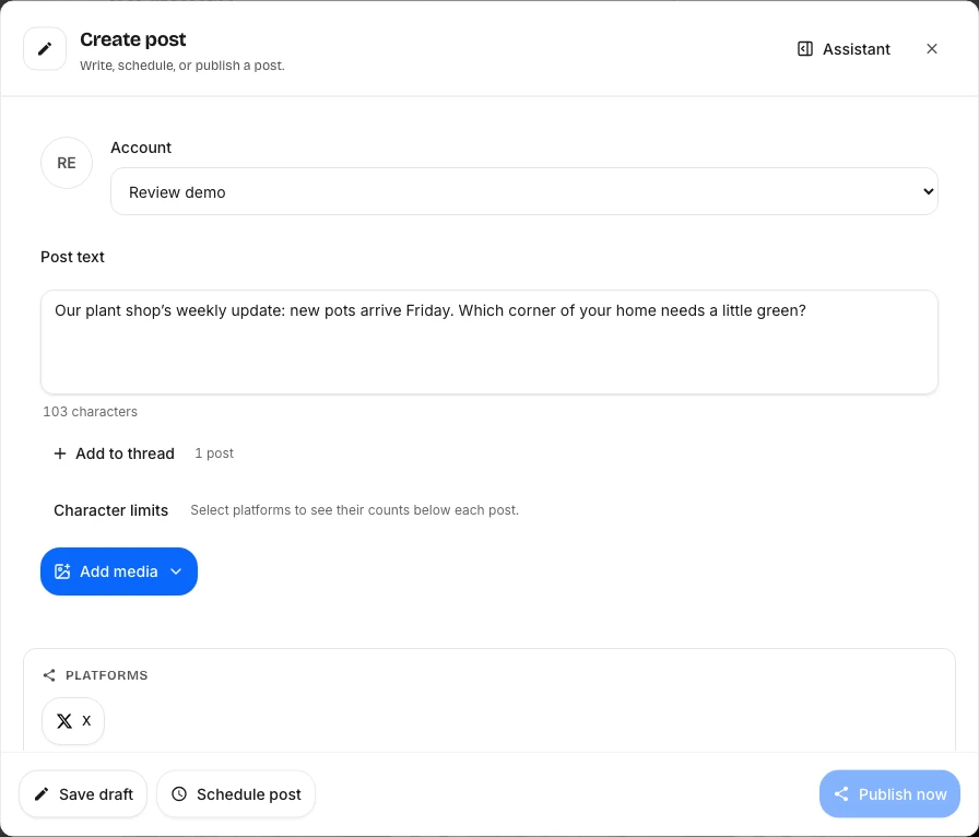 PostQuickAI composer with Review demo selected and a plant shop caption