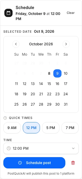 PostQuickAI date and time picker before scheduling